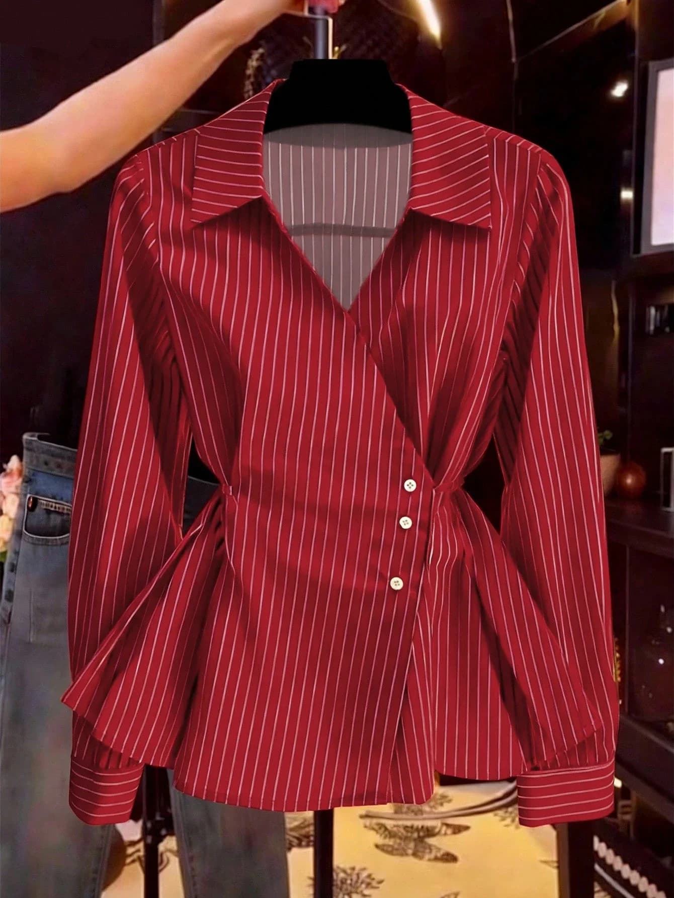 Women's V-Neck Tie-Waist Striped Long Sleeve Blouse Casual Spring Autumn
