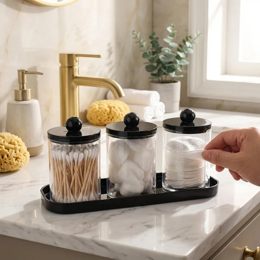 Set di 3 Portacotone per Bagno, Contenitore per Cotone con Vassoio, Barattoli da Farmacia, Organizzatori e Scatole Portaoggetti per Bagno