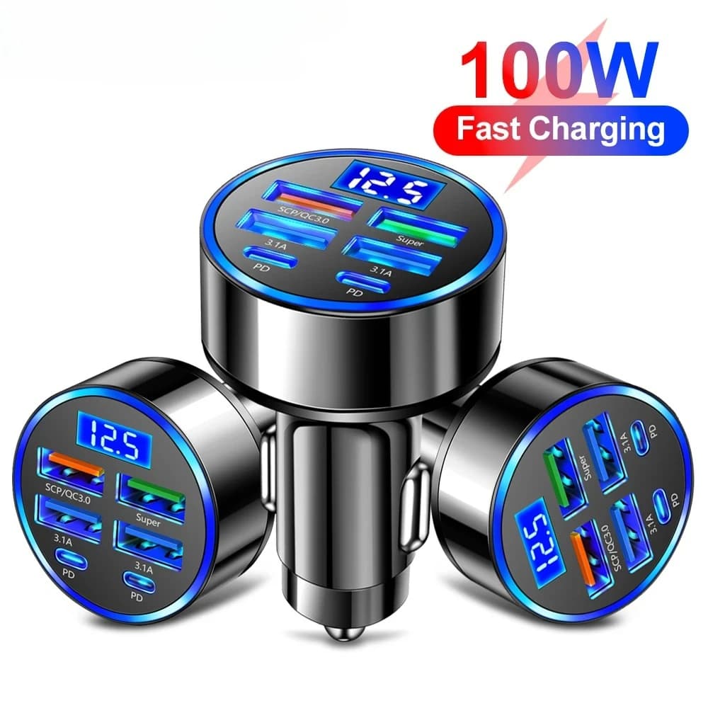 Caricabatteria per auto totale 100W Ricarica super veloce 6 in 1 per auto con tensione multiporta con display digitale per veicolo Caricatore per telefono cellulare per auto