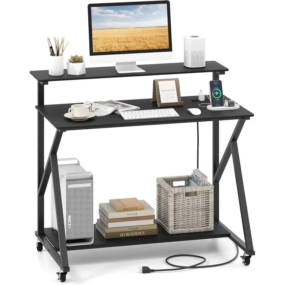 39.5 Rolling Laptop Desk with Power Outlets, Monitor Stand, Storage, Lockable Wheels for Home Office (Black)