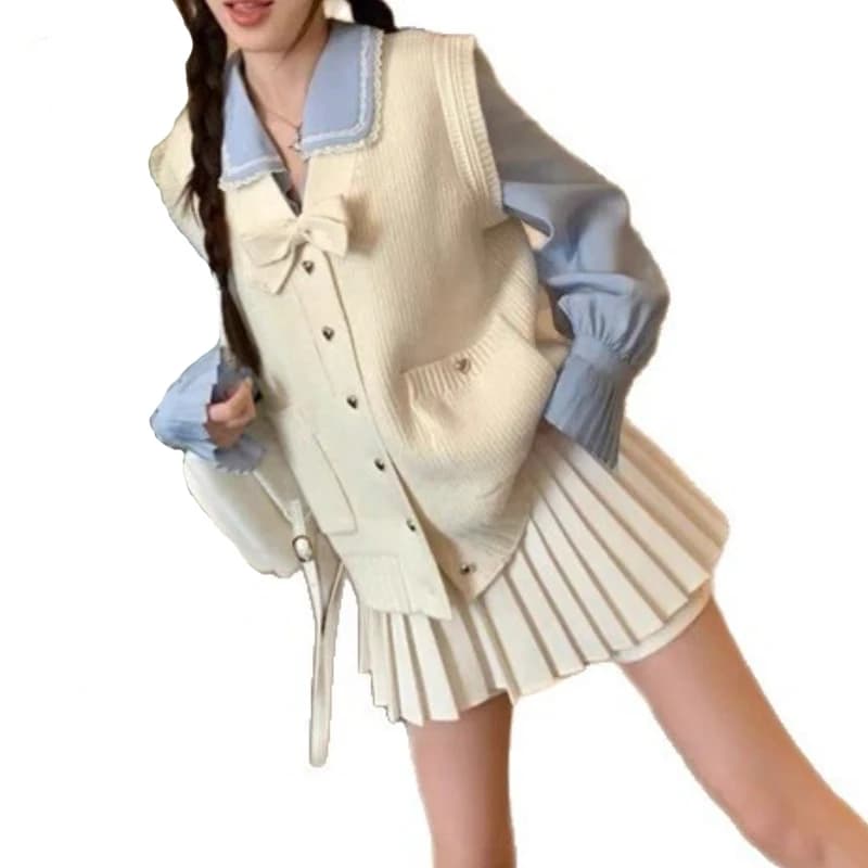 2025 Nuovo set preppy coreano giapponese Kawaii con nodo a farfalla gilet lavorato a maglia camicia donna inverno minigonna a vita alta set di tre pezzi
