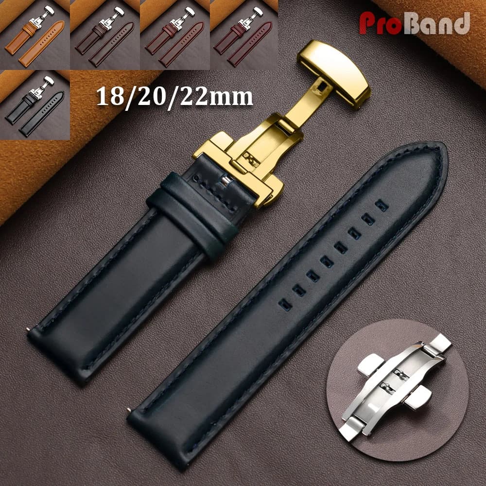 18mm 20mm 22mm Business Genuine Leather Watch Strap Quick Release Band Black Brown Cowhide Men Retro Watchband Butterfly Buckle
