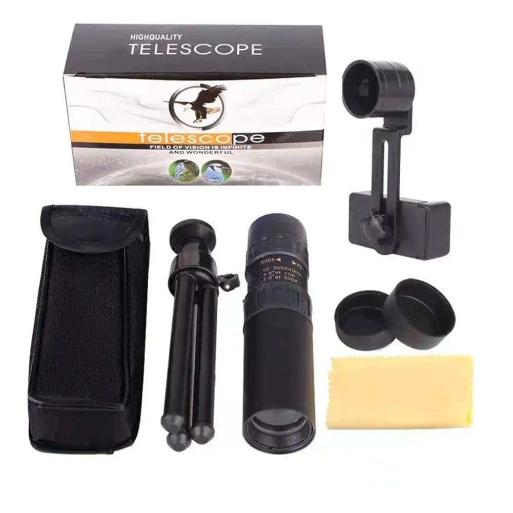 Telescopio monoculare portatile HD con zoom 10-300x con supporto per telefono Treppiede Telescopio monoculare a lungo raggio per la caccia al birdwatching
