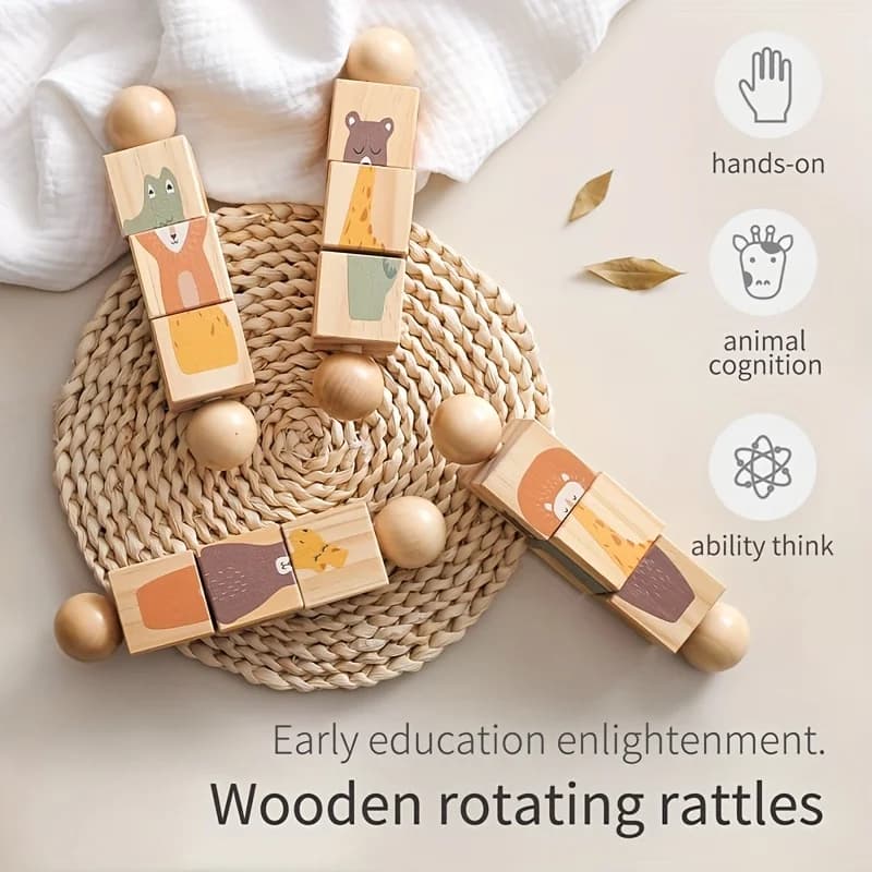 1 pezzo di forma animale educativa in legno colorato - Giocattolo coordinato con sonagli rotanti - Coordinazione occhio-mano