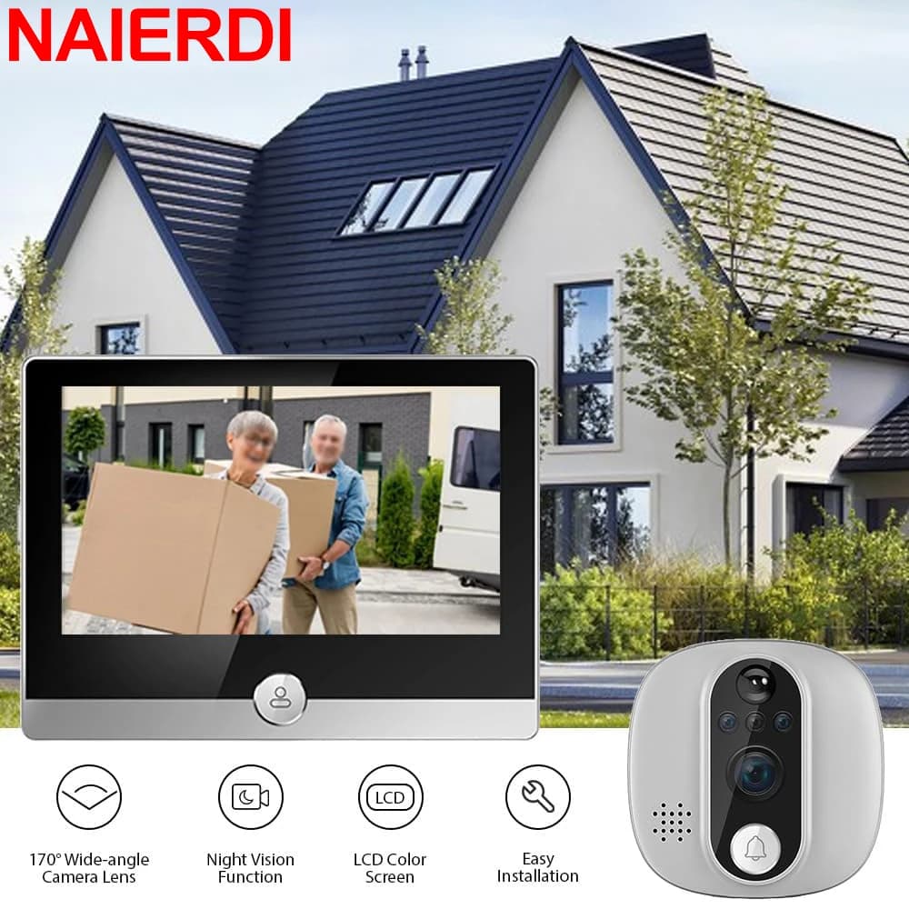 NAIERDI 4.3" Smart Door Peephole Video Wifi Door Viewer 170 Degree Motion Detection Door Bell Camera Tuya APP Alexa Google