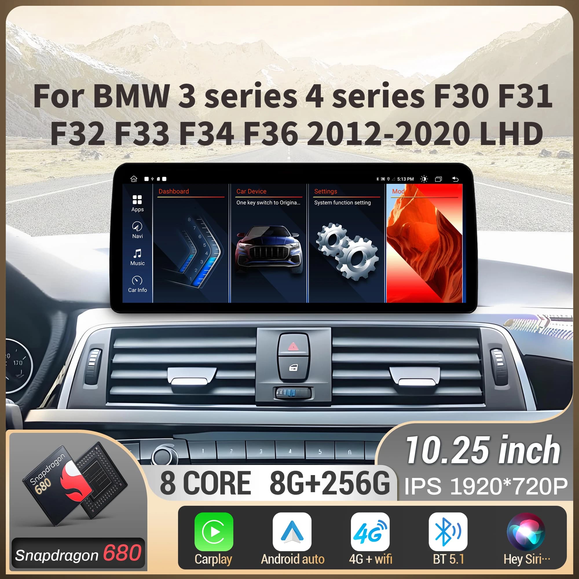10.25 inch LHD For BMW 3 series 4 series F30 F31 F32 F33 F34 F36 2012 2013 2014-2020 Car Radio BT Carplay Snapdragon 680 Screen