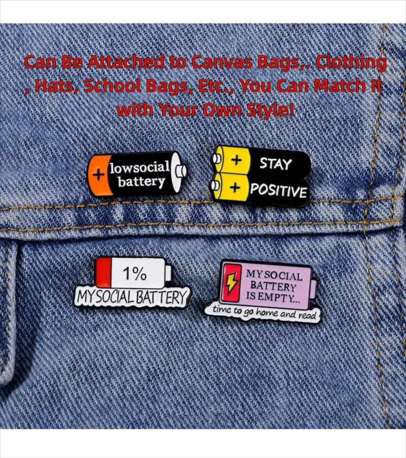 Heye Mood Battery Mood Power Work Energy English Abbigliamento, Borse, Cappelli, Astucci, Distintivi, Spille di Sicurezza, Spille Decorative, Set Regalo da 4