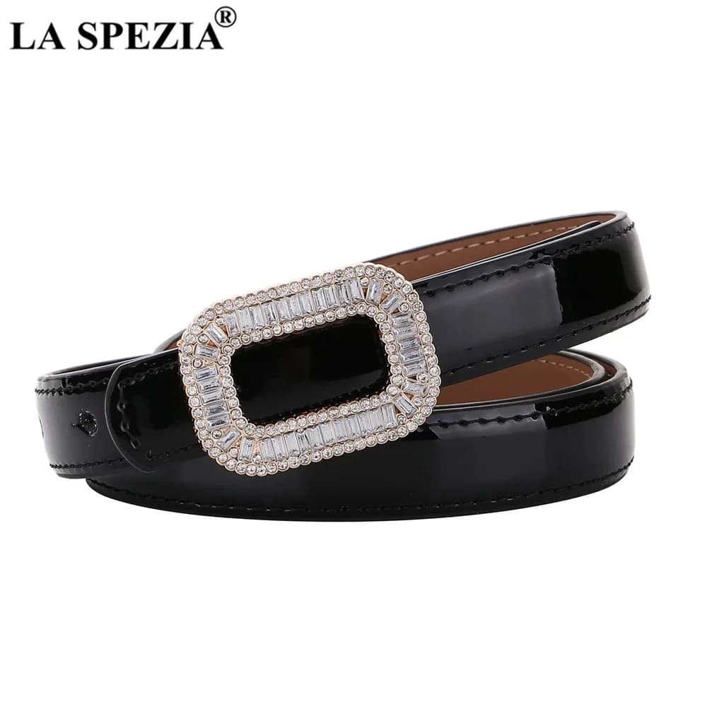 Cintura da Donna in Pelle Verniciata Nera con Fibbia in Strass, Cintura Sottile per Abiti, Accessori di Moda di Marca, Nuovo Design