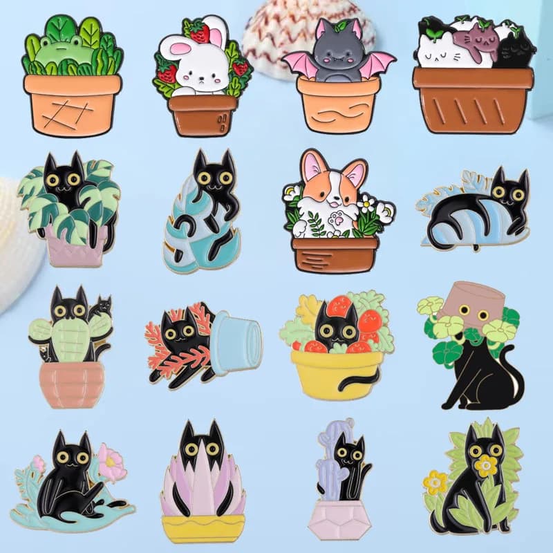 Bella serie di animali in vaso smalto spilla albero di fico cactus coniglio rana gatto pipistrello cucciolo bella spilla regalo di gioielli all'ingrosso