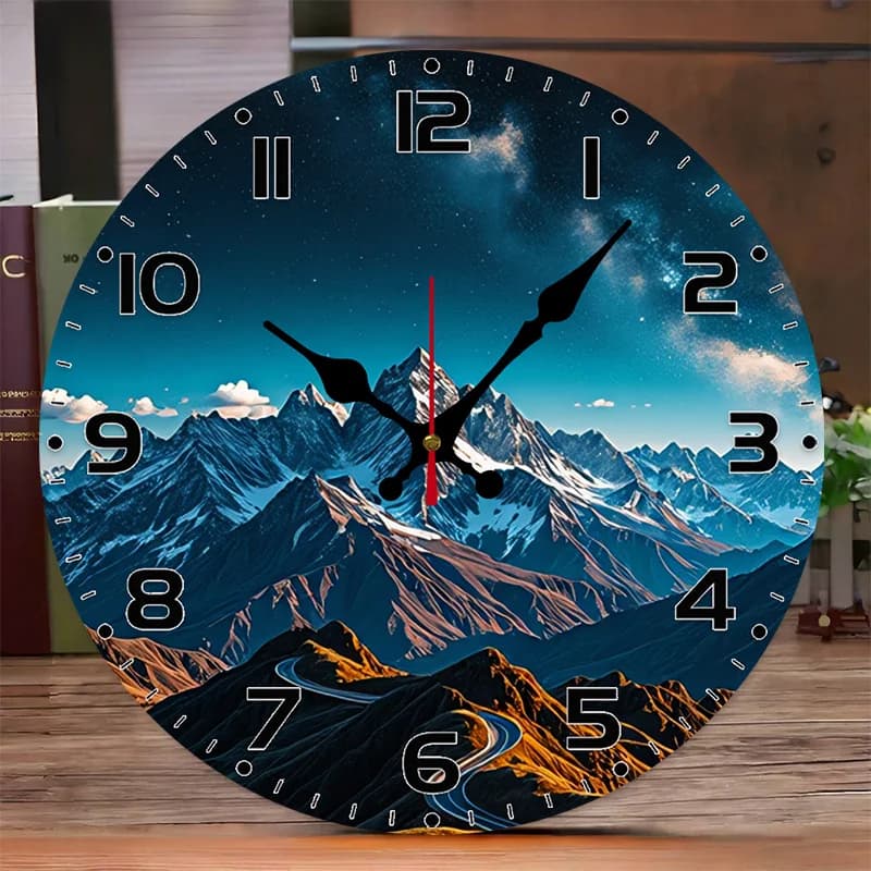 10 inch modern round wall clock with Mountain & Star Night Sky design - Black big hands and white dial, silent wood veneer