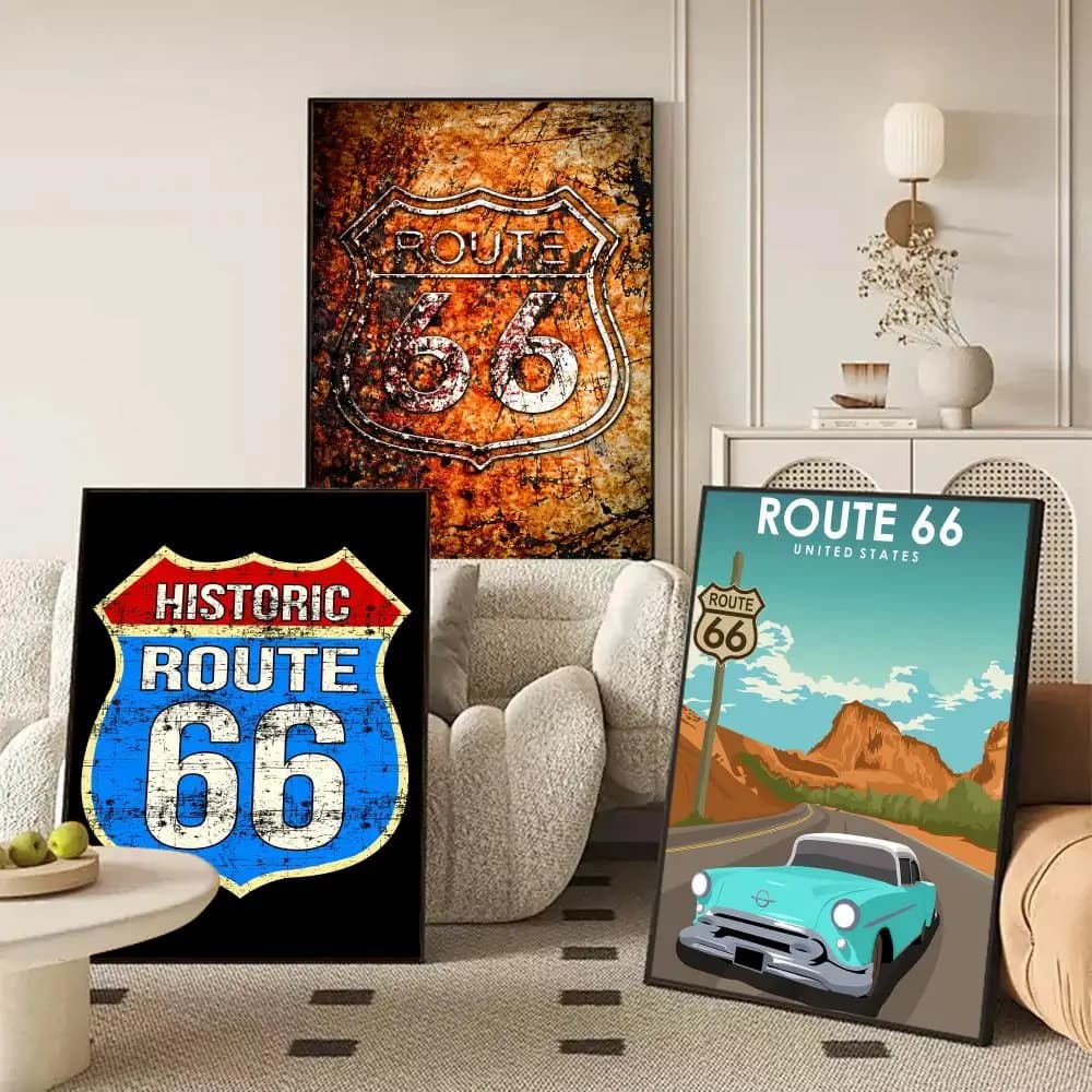 Poster con Insegna al Neon della Route 66, Arte HD Adesiva da Parete Impermeabile per Soggiorno, Camera da Letto, Bar, Decorazione Estetica