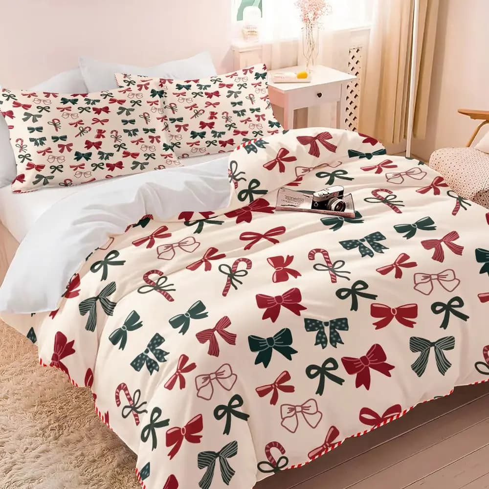 2/3Pcs Christmas Bow Print Duvet Cover Set(1 Duvet Cover & 1/2 Pillowcase) Soft Bedding Set Festive Holiday Room Decor, No Fille