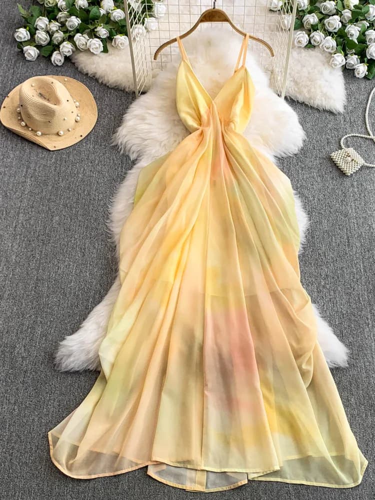 Elegant Long Women's Dress with V Neckline, Sleeveless, Asymmetric Hole, High Waist, Slender Effect, Korean Style, For Summer and Work