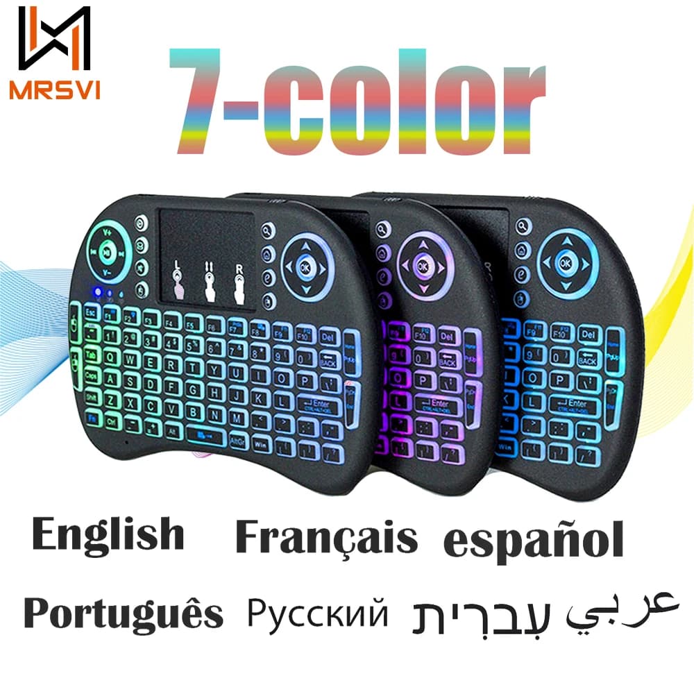 2.4G air mouse with touchpad i8 keyboard, backlit, mini wireless keyboard for PC, Android TV Box, with keyboard in Arabic, French, Spanish, Russian.