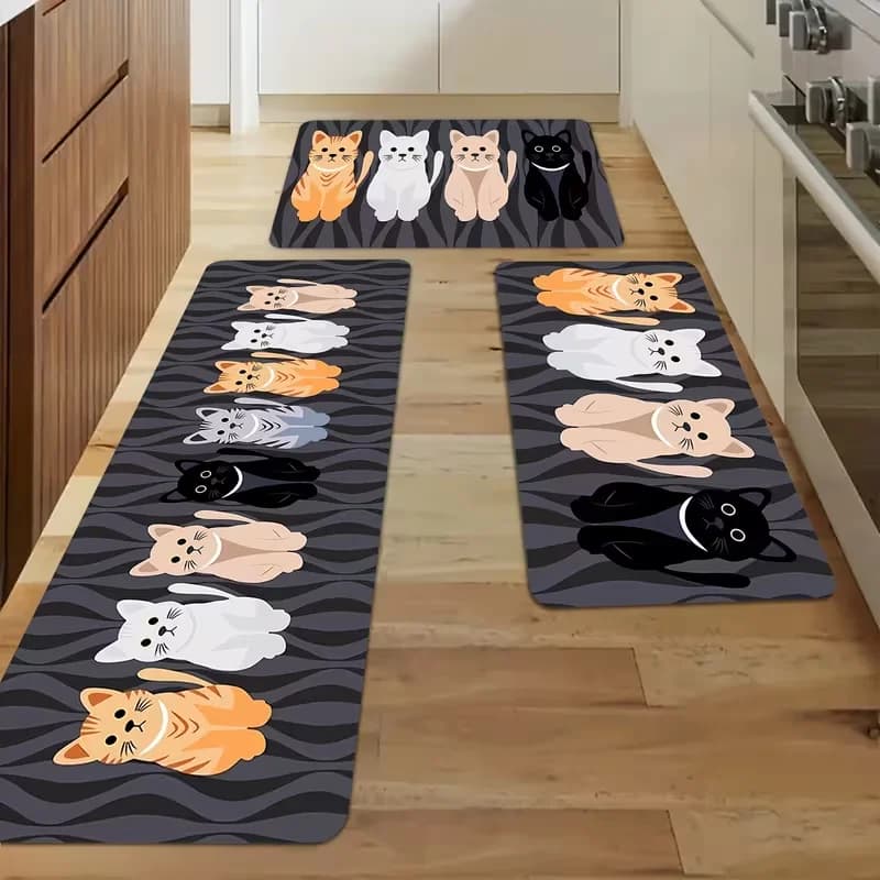 Cute Cartoon Kitten Printed Mat Non Slip Kitchen Runner Rug Lovely Cat Themed Floor Mat for Hallway Living Room Home Decor Mat