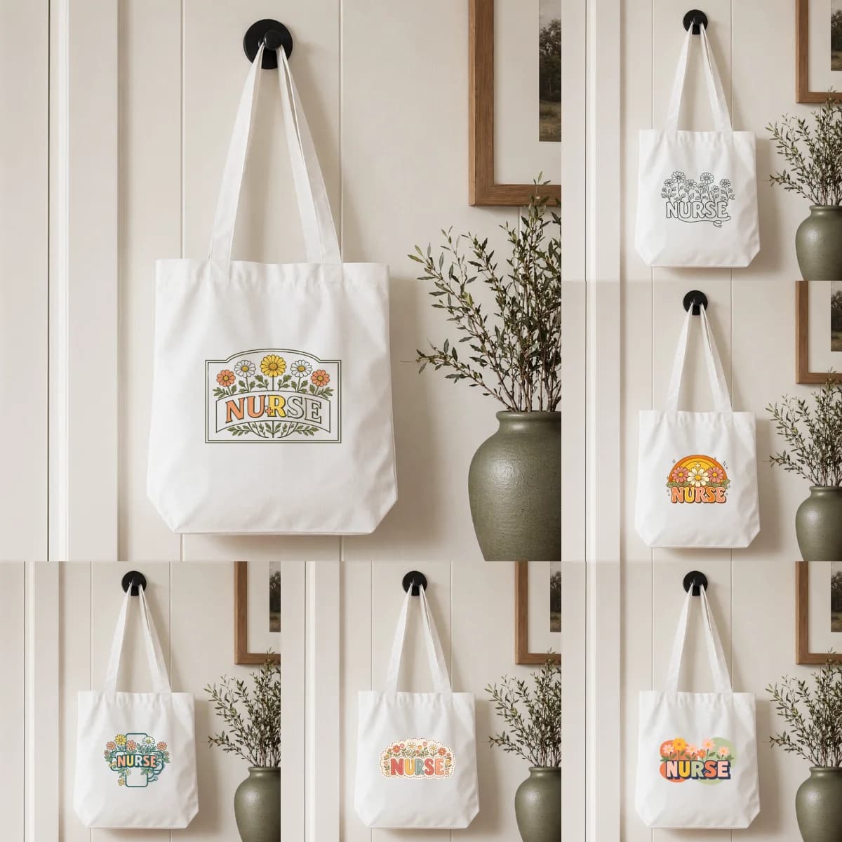 1 confezione di borsa tote in tela resistente da 35×38,5 cm, borsa a tracolla con stampa floreale Boho Nurse, borsa da lavoro e per tutti i giorni riutilizzabile ed ecologica