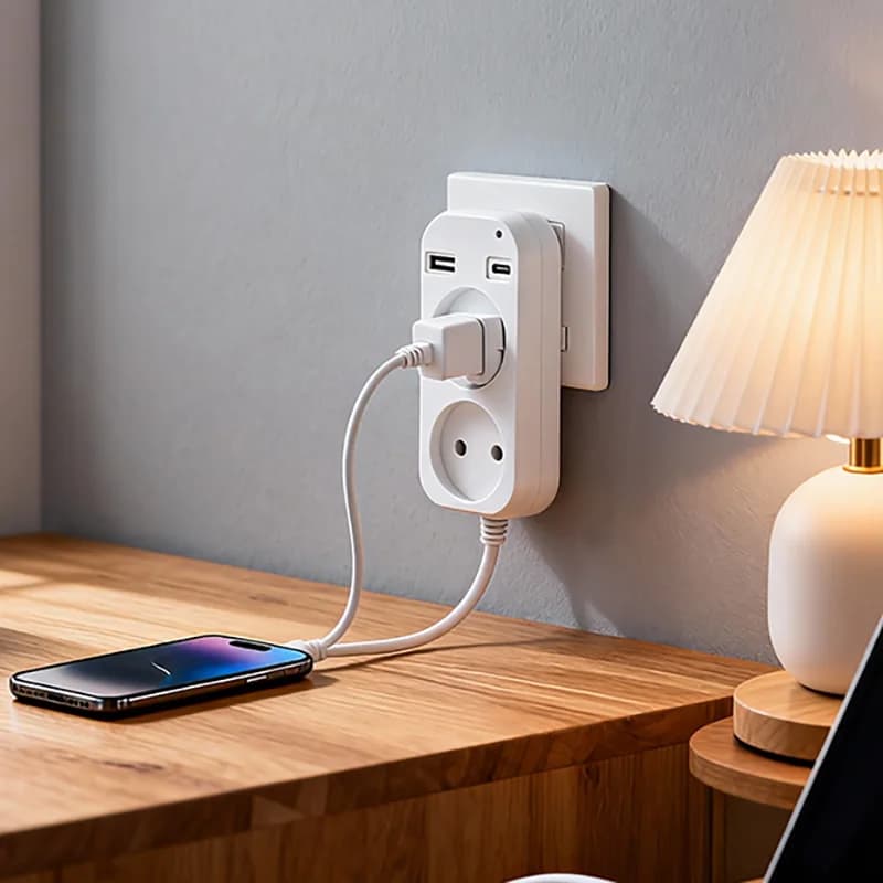 Wall Mounted with Plug EU 2025, Double AC socket, 2 USB Ports for Cellular Phones, 1200W 250V for Smartphone and Tablet