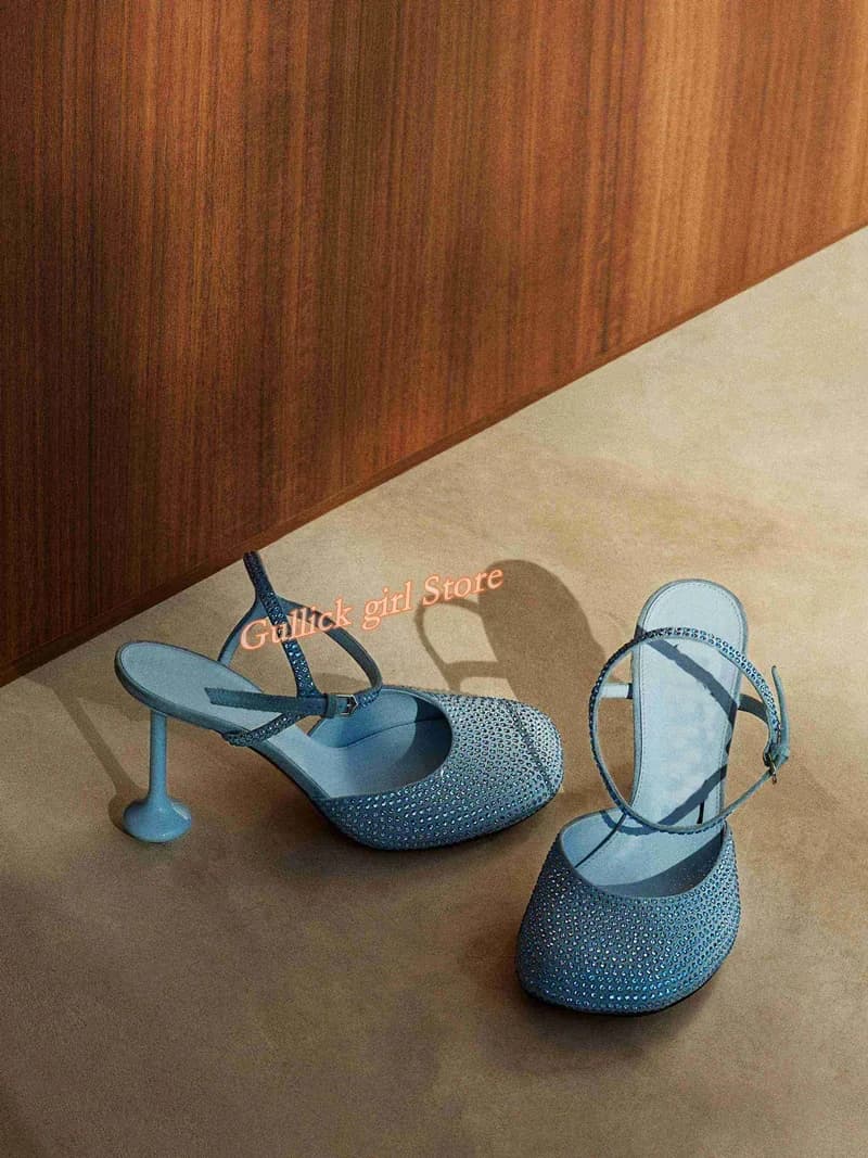 Crystal Blue Square Toe Pumps Ankle Buckle Strap Stiletto Thin High Heel Runway 2025 Summer Spring Women Dress Shoes Handmade