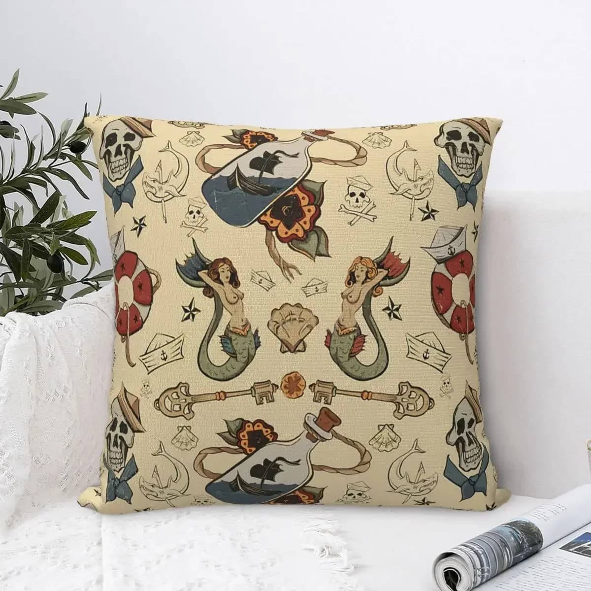 Marine tattoo pattern repeated pillow tattoos Art Short Plus pillow cover for home sofa chair decorative backpack