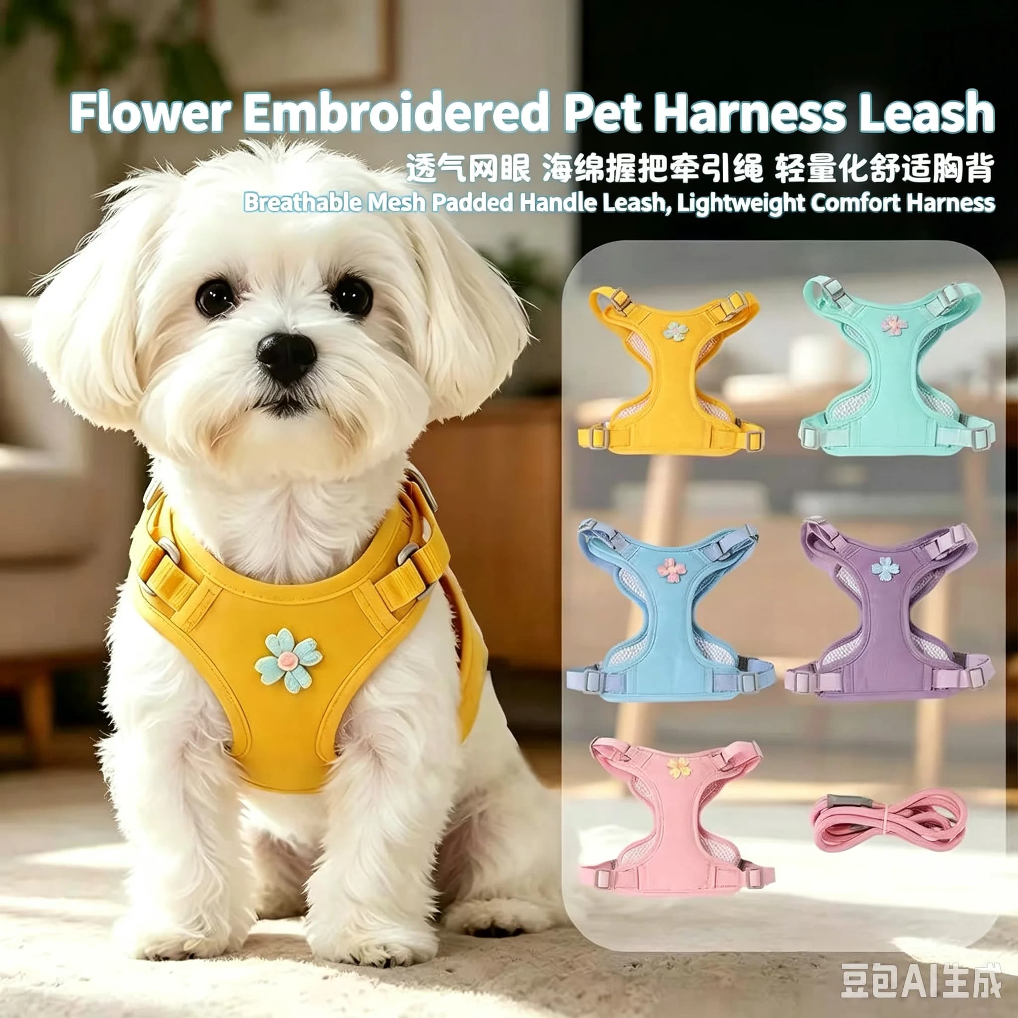 Floral Embroidery Pet Dog Harness and Leash Set, Breathable Mesh Adjustable Vest Harness for Small Medium Dogs Cats, 5 Colors