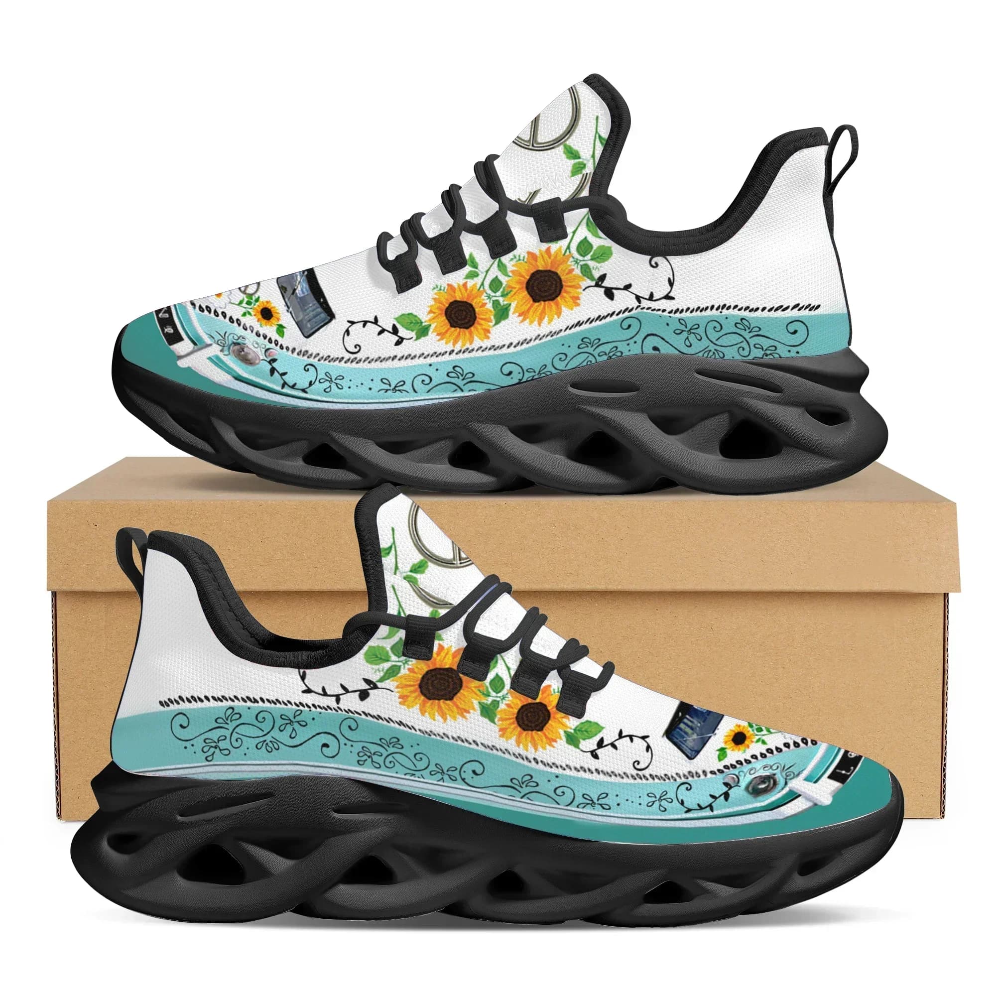 Scarpe da corsa leggere e traspiranti con logo Peace Fashion e stampa girasole, comode per l'outdoor, con lacci