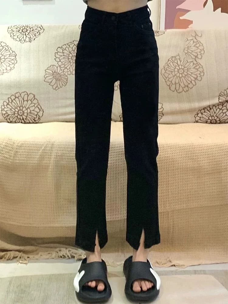 High Waist Straight Leg Black Slit Denim Jeans for Women Spring Autumn plus Size Pear Shape Body Slimming Cigarette Pants