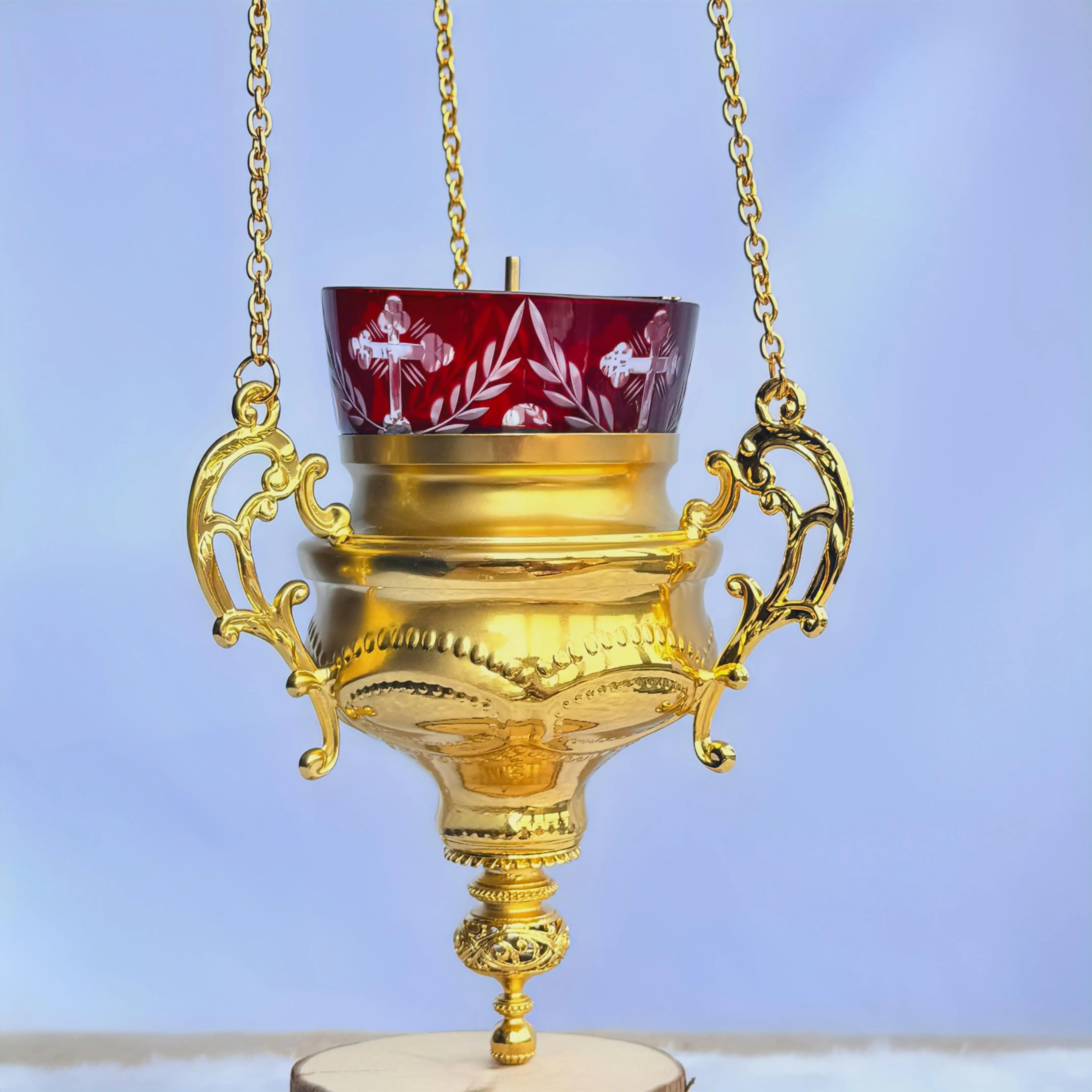 New Orthodox Hanging Vigil Lamp Gold Red Glass Etched Cross Palm Chain Oil Candle Holder Church Holy Byzantine Christian Gift