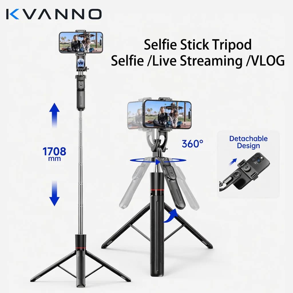 Treppiede selfie stick KVANNO F16 per telefoni e fotocamere, estensibile a 360° ° Bastone Selfie Rotante con Telecomando Bluetooth e Attacco a Vite da 1/4''