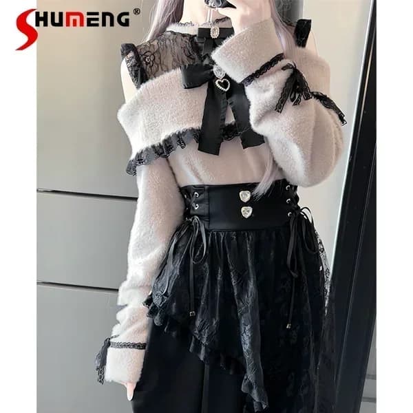 Stile giapponese Mine Prodotto in massa Carino dolce maglione da donna Fiocco in pizzo Splicing Maglieria con spalle scoperte Top Lady Gonna nera Y2k