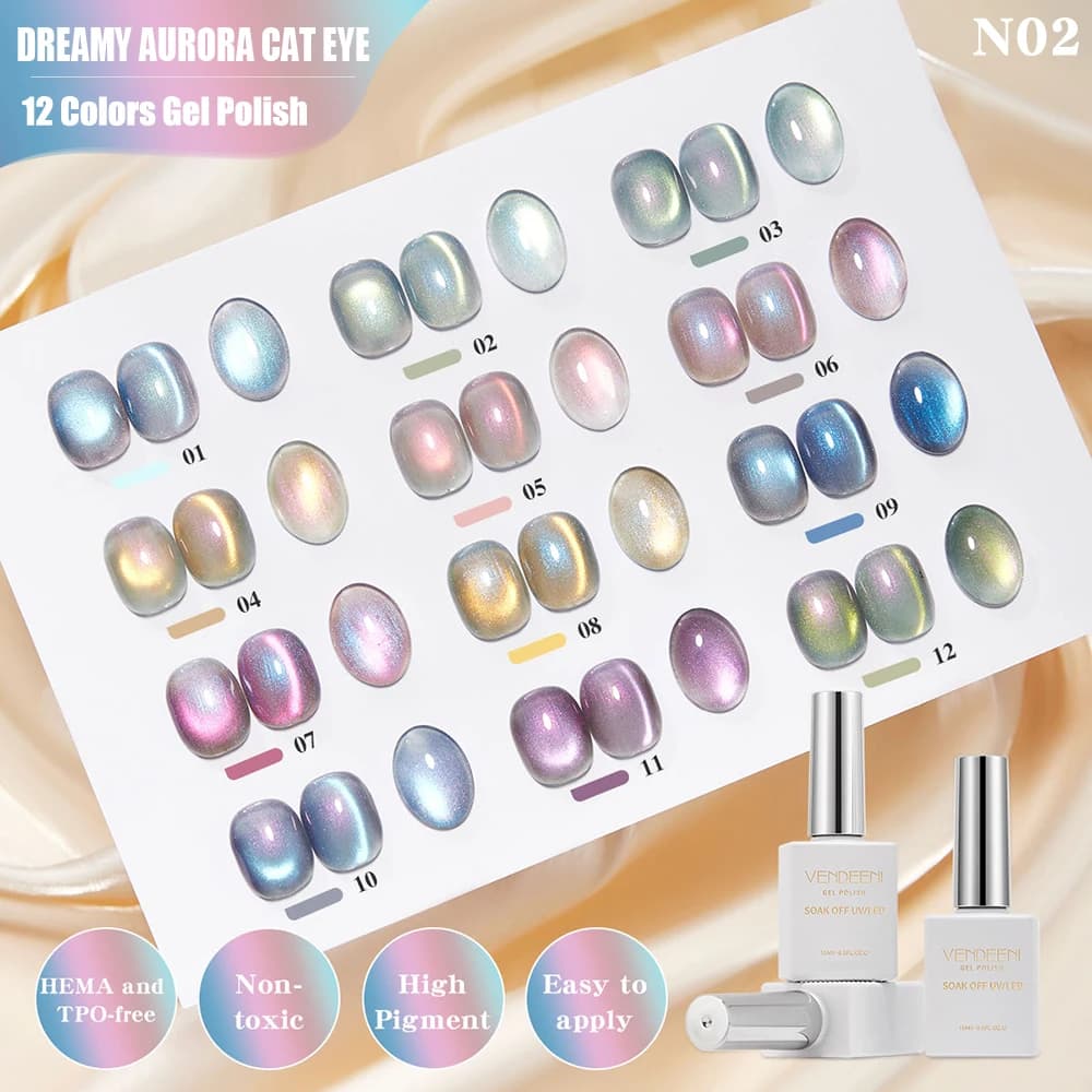 Vendeeni Smalto Gel Magnetico Effetto Occhio di Gatto Aurora Sognante 12 Colori UV LED Soak Off Effetto Filo Laccato Gel Occhio di Gatto