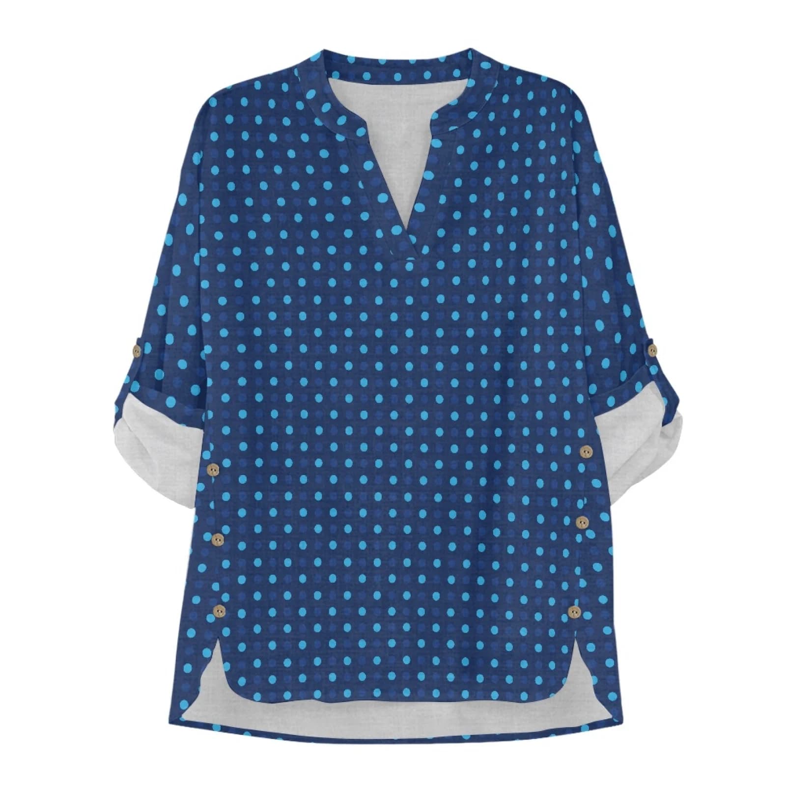 PENSTROLL Blue Polka Lightweight V Neck Tunic Tops for Year Round Linen Like Long Sleeve Blouse Sizes S-5XL