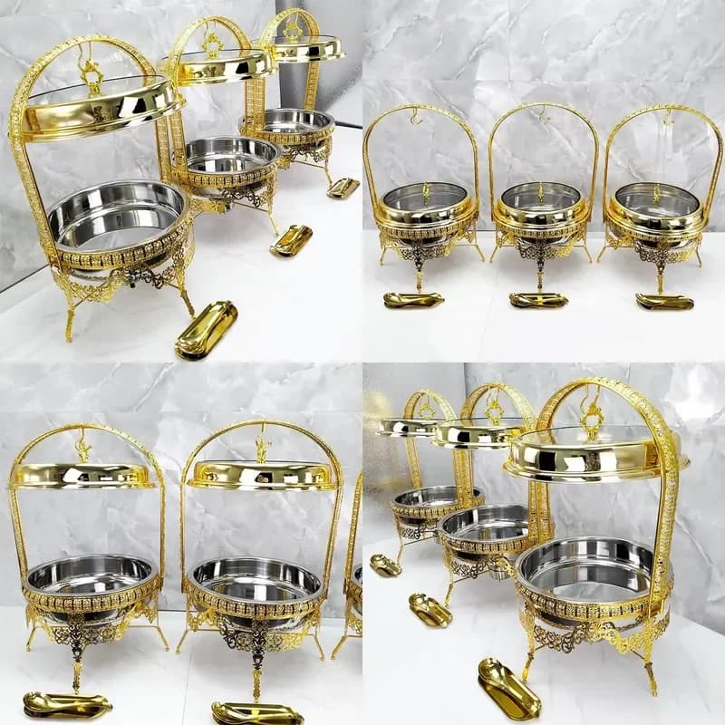 9L Gold Hanging Hinged Lid Chafing Dish Buffet Set Copper Food Warmer Butterfly Catering Stainless Steel Hot Pot 5L