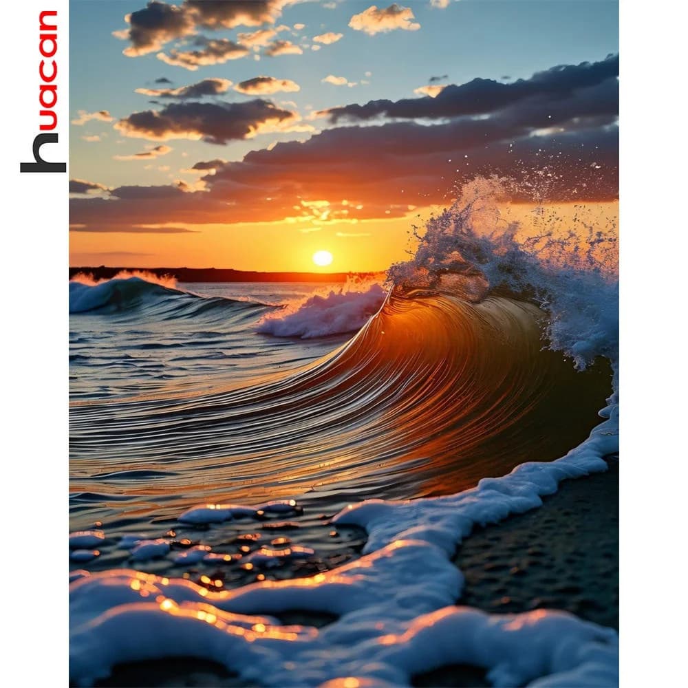 Huacan Acrylic Paint By Numbers Wave Landscape Coloring On Canvas Sunset Handmade Modern Diy Gift Europe Art Home Decoration