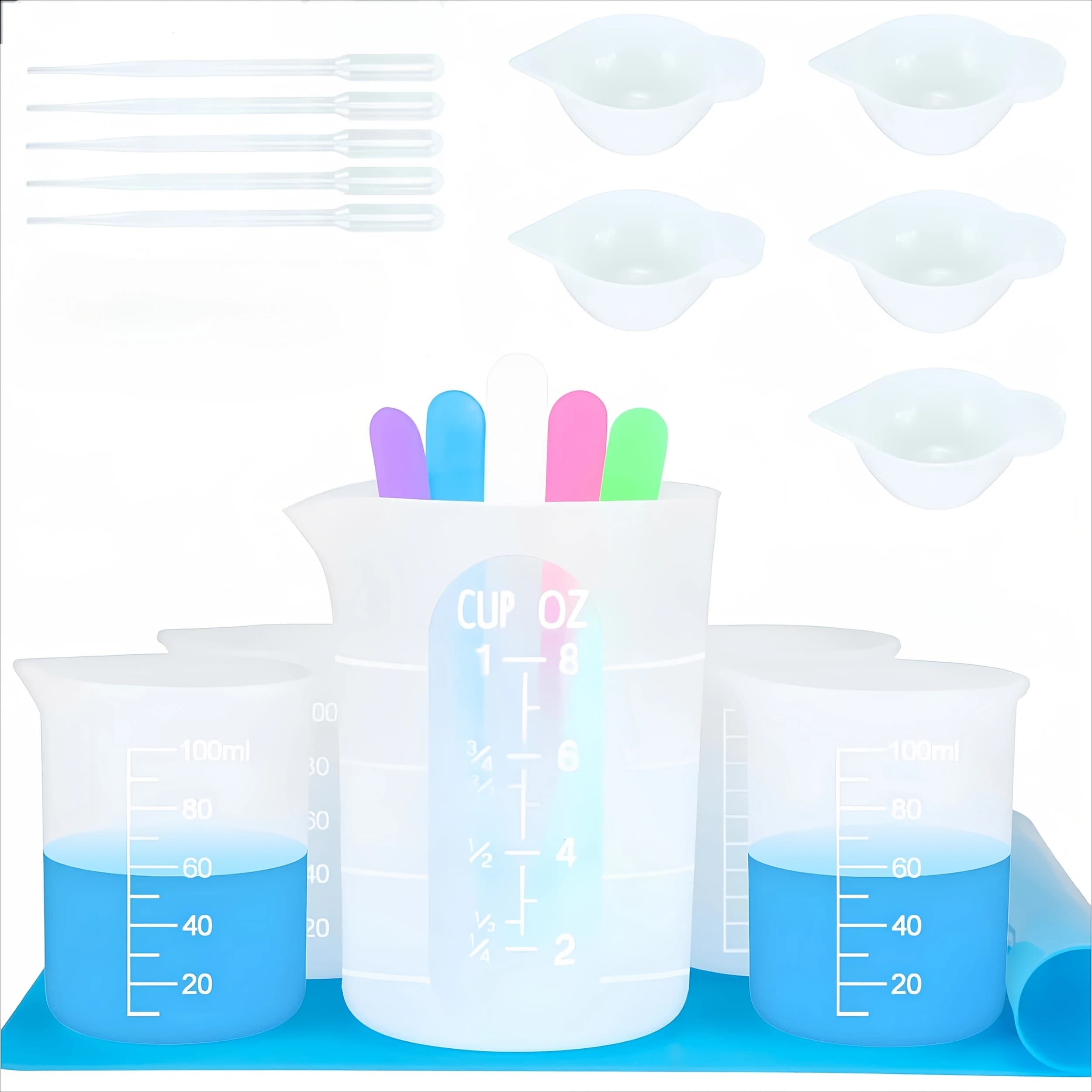 Set di 21 Stampi in Silicone per Resina, Kit di Strumenti per Misurazione Resina in Silicone - Set di 21 Tazze Misuranti in Silicone da 250ml e 100ml