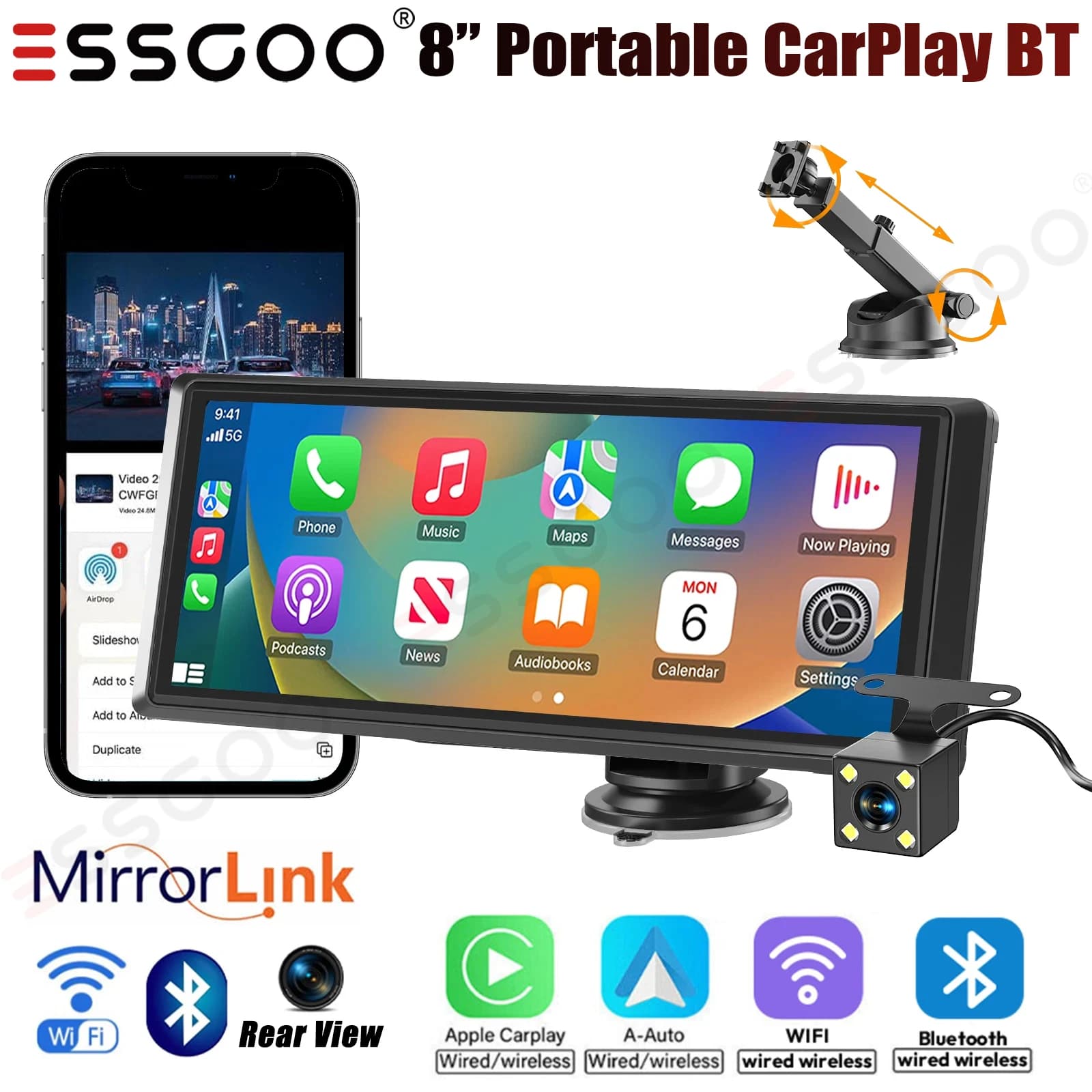 ESSGOO 8.1 "Portable CarPlay Universale Wireless Android Auto Car Stereo Radio Lettore MP5 FM BT Con Fotocamera Per Auto Camion VAN