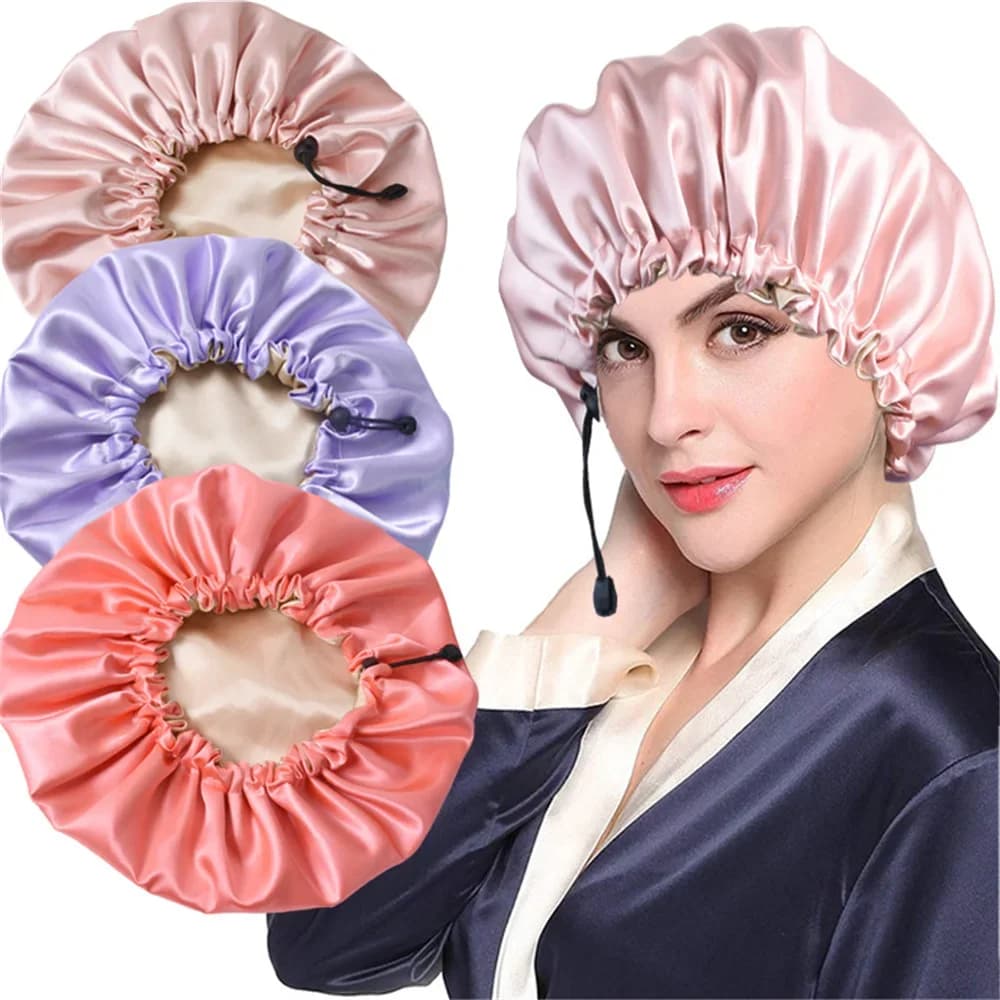 Nuovo berretto da donna in raso reversibile solido per capelli ricci Berretto da notte regolabile a doppio strato Berretto per capelli elastico Cappello da notte per la cura dei capelli