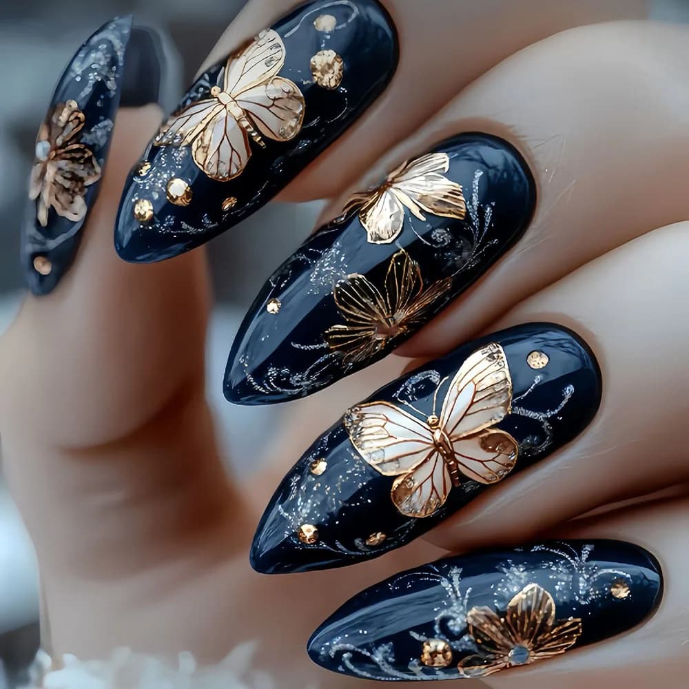 False nails wearable in the form of medium square almond Autumn Winter Black Golden Purple Green Butterfly Flower Tips Press on Nails