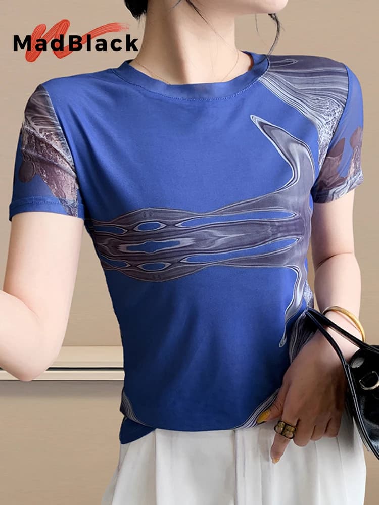 MadBlack-T-shirt europea da donna, stampa geometrica sexy con scollo a O, maglietta da lavoro S-3XL a maniche corte in rete sottile, estate 2025 T57411CC