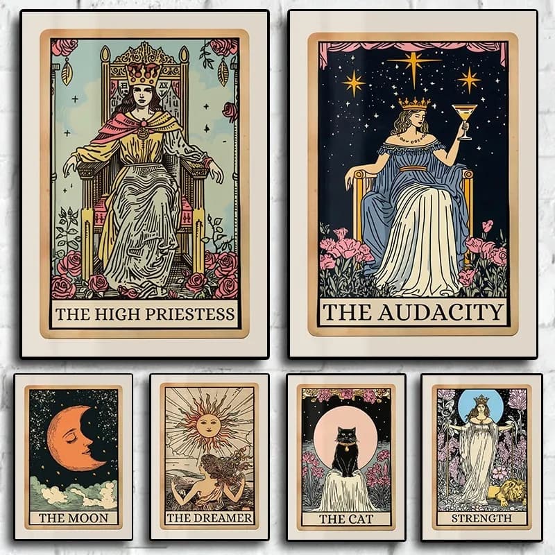 Poster della carta dei tarocchi della strega The Audacity Witchy Dark Academia Sun Moon Mystical stampato su tela, immagini murali, decorazioni per la casa