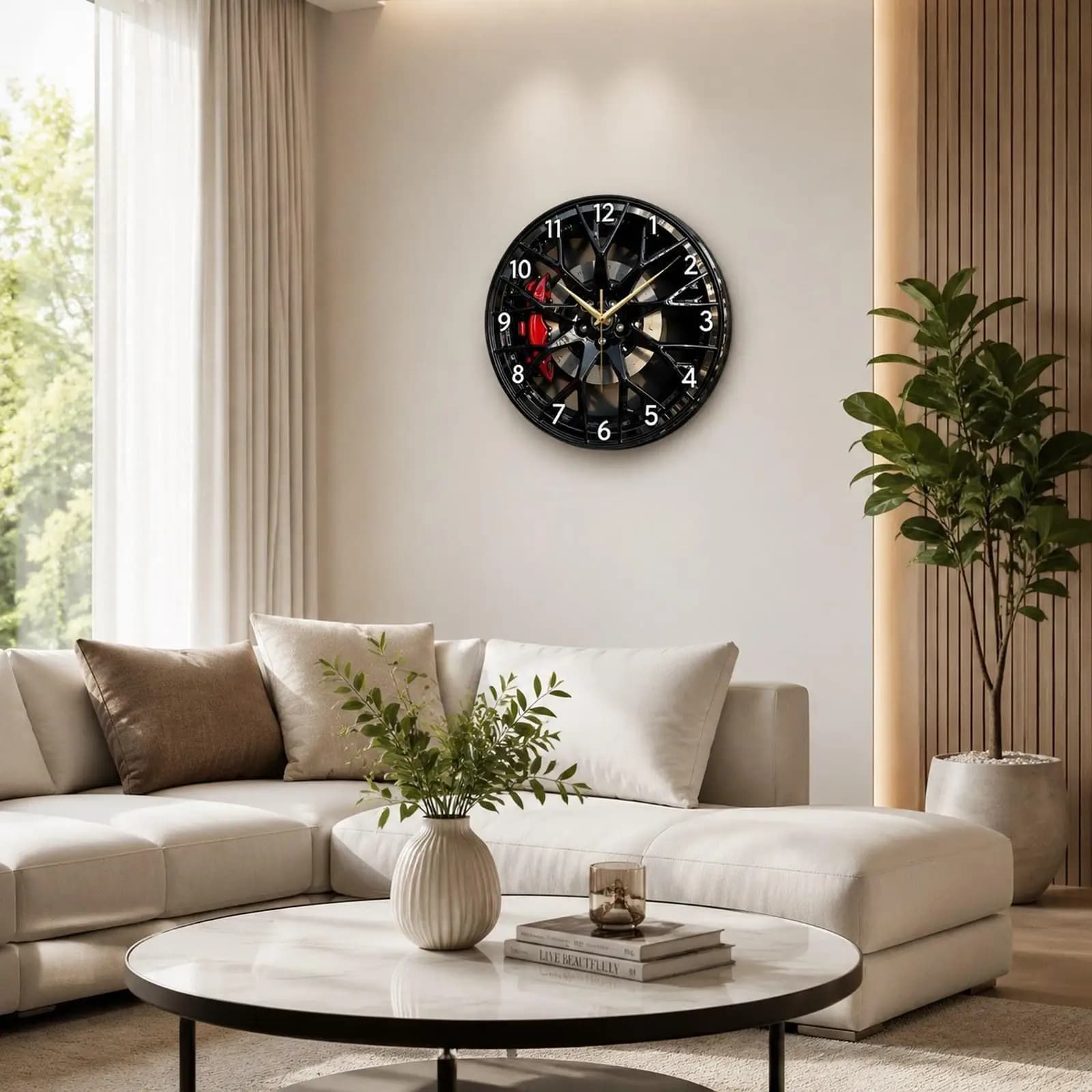 2D Car Wheel Hub Wall Clock Hanging Clock Round Easy Read Silent Decorative for Home School Automotive Enthusiast Kitchen