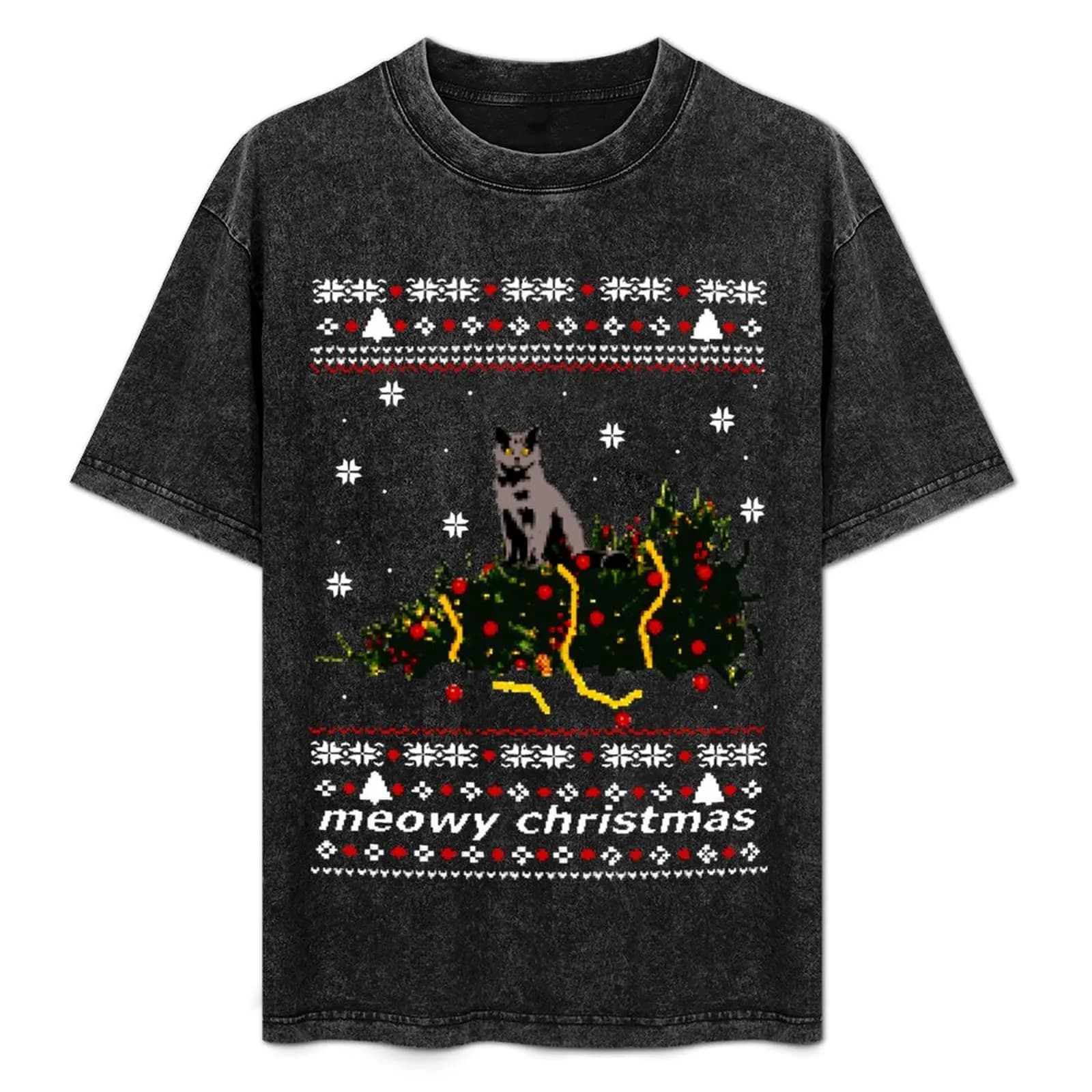 Maglietta casual a maniche corte con stampa 'ugly sweater - christmas tree knocked down by a cat'