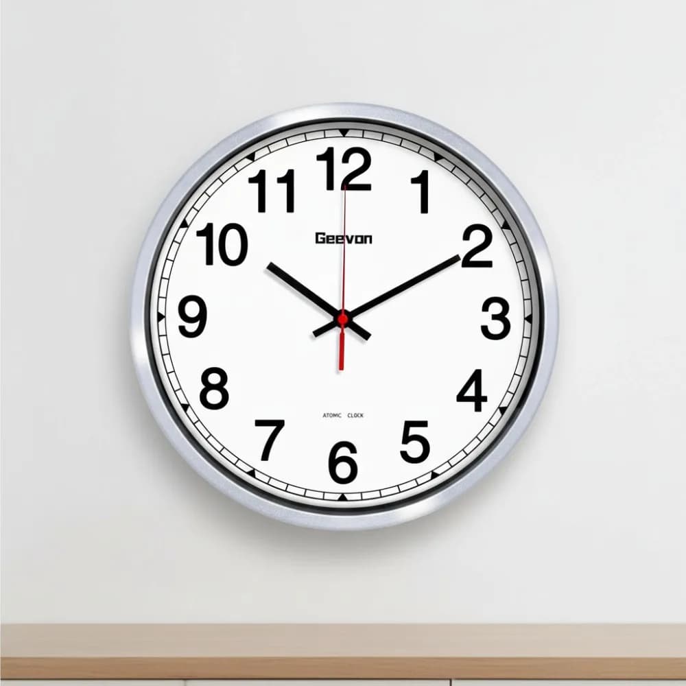 14 inch atomic wall clock with automatic synchronization, large numbers for kitchen/bedroom/living room (Silver)