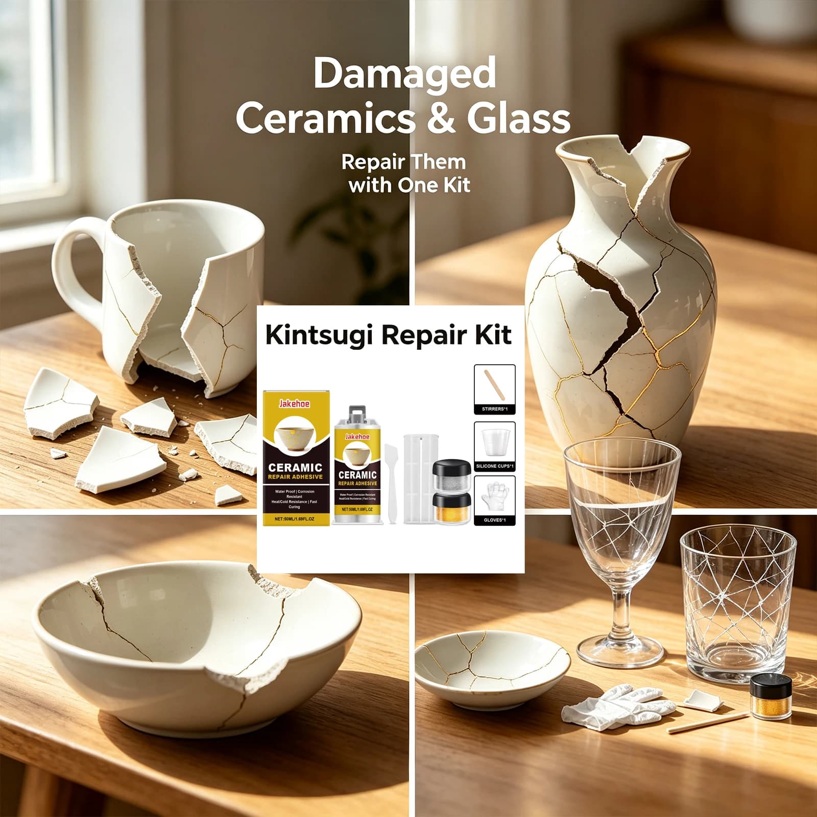 Kintsugi Repair Kit Gold Ceramic Glue Food Safe Adhesive for Pottery Plate Cup Bowl Bathtub Craft Art Restoration