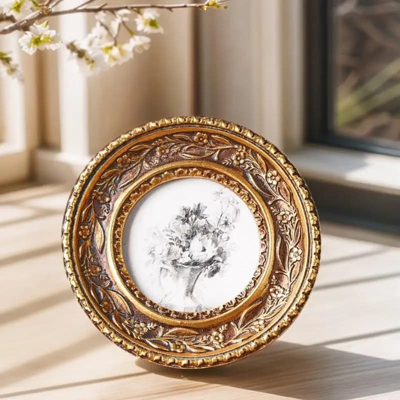 Antique Bronze Gold Round Photo Frame for Wall Mount and Desktop Display Resin Circular Picture Frame With Intricate B03E