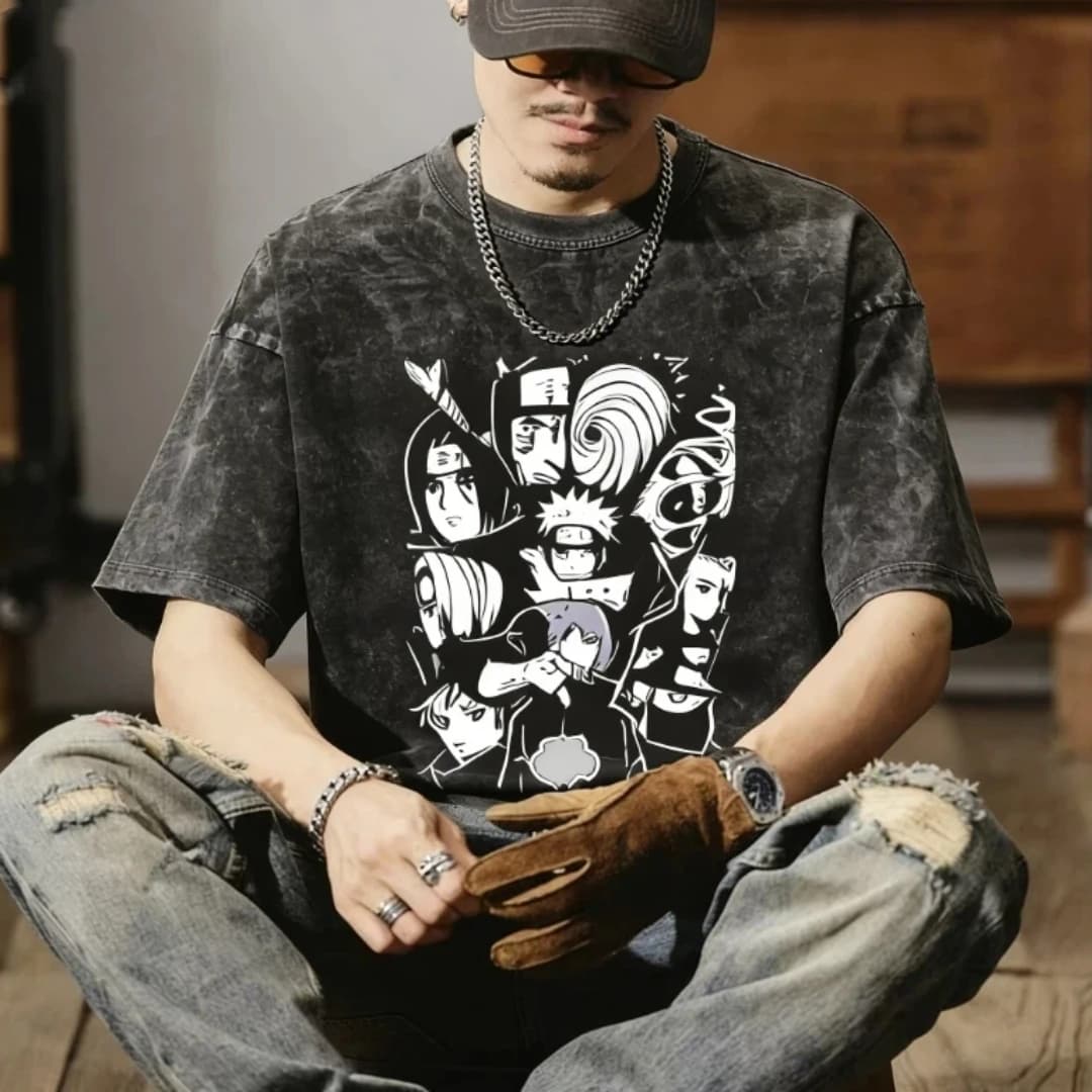 T-shirt effetto distressed Naruto da uomo e da donna, in cotone lavato con acido, stile streetwear, con stampa grafica anime, vintage, bootleg, idea regalo.