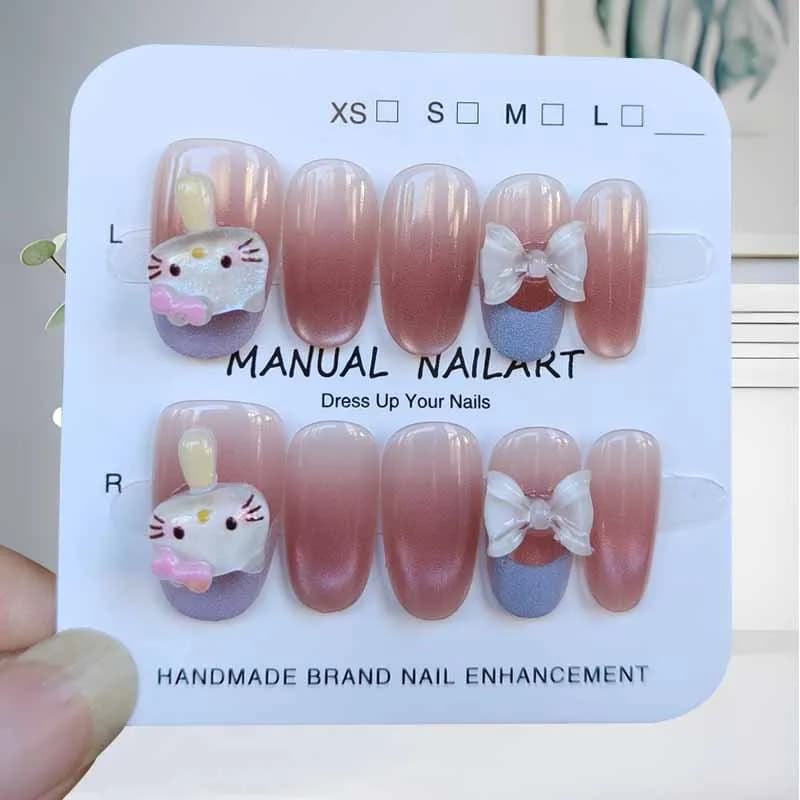10 Pieces Fin Nails Women's Ovals, Kawaii Style Hello Kitty Cinnamoroll, Nails Press-on Made in Hand, Hand Tips