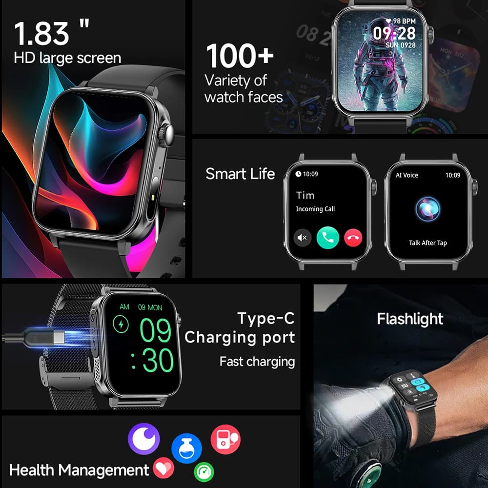 V96 Smart Watch Uomo Donna 1.83“ Schermo completamente touch Torcia elettrica Ricarica di tipo C Chiamata Bluetooth Smartwatch Health Fitness Tracker