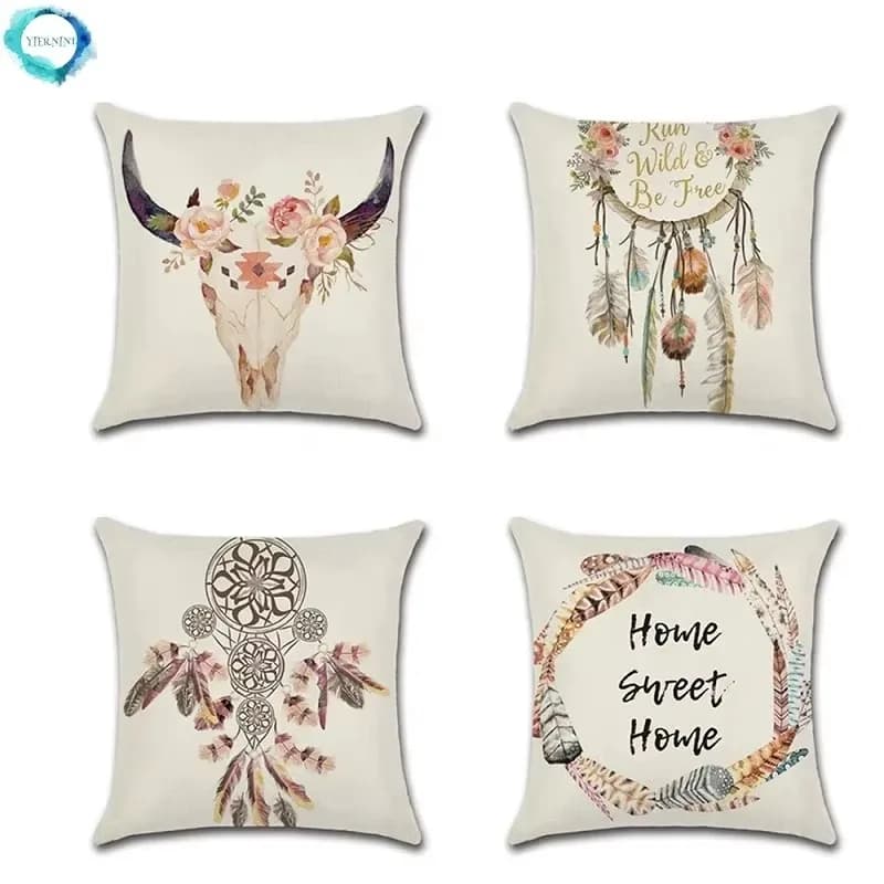 Flowers in Indian style Pecora feathers Decorative Federation Decorative pillow lining in linen Sofa Bedroom Decorations for the house 45x45 cm