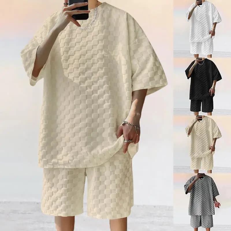 Men's plus Size Plaid Short Shirt Straight Leg Shorts Casual Sportswear Autumn Season Seven Quarter Sleeve Short Pants