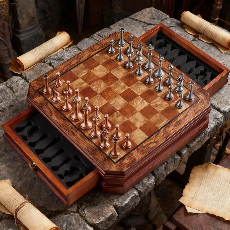 Set di Scacchi Vintage con Finitura Metallica, Configurazione Standard da Competizione, Regalo Premium per Uso Personale, Ideale per Appassionati di Giochi di Strategia